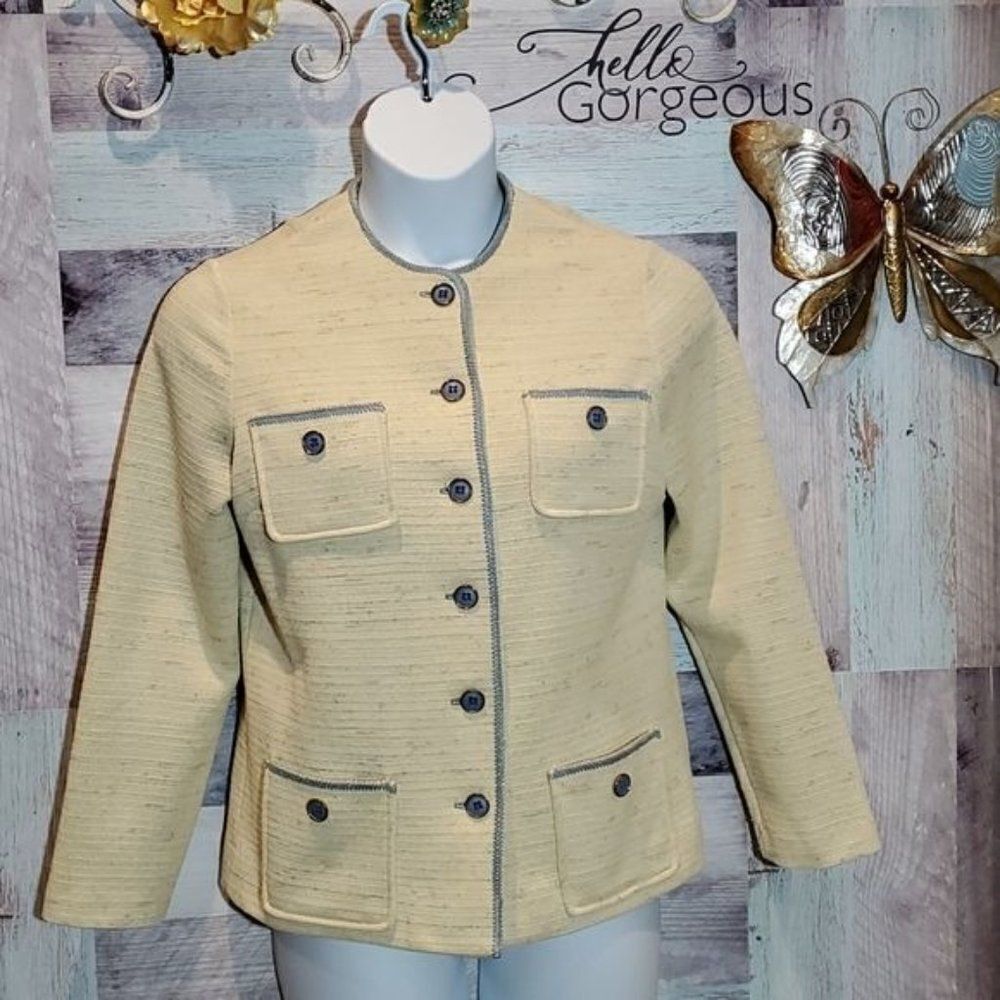 Vintage Gold & Blue Heathered Double Knit Jacket Cottagecore Sz M? Grannycore
